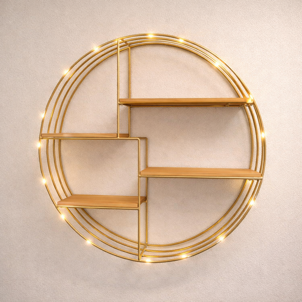 Round wall shelf with modern home decor items displayed