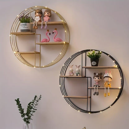 Kitchen wall-mounted round shelf holding jars and kitchen items