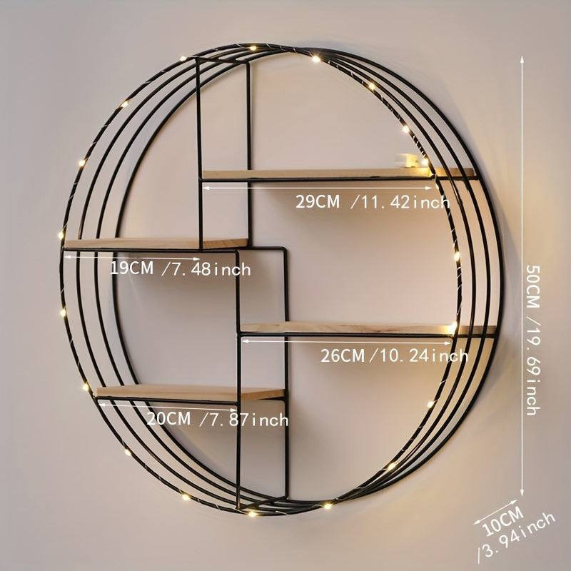 Four-tier round shelf mounted on living room wall with decor items displayed