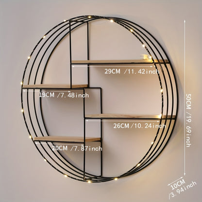 Four-tier round shelf mounted on living room wall with decor items displayed