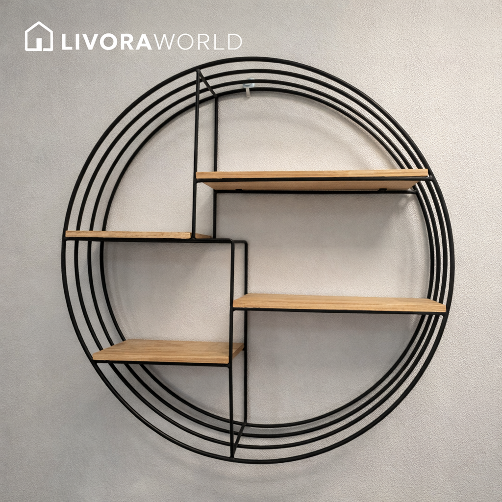 Four-tier round wall-mounted floating shelf made of iron and wood, retro style, with hooks
