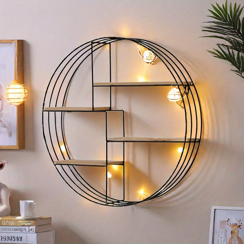 Top view of round floating shelf showing wooden tiers and iron frame