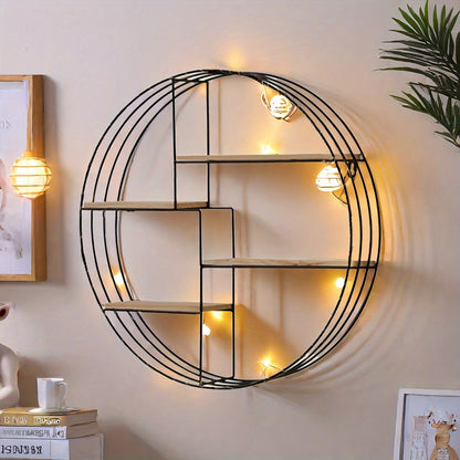 Top view of round floating shelf showing wooden tiers and iron frame