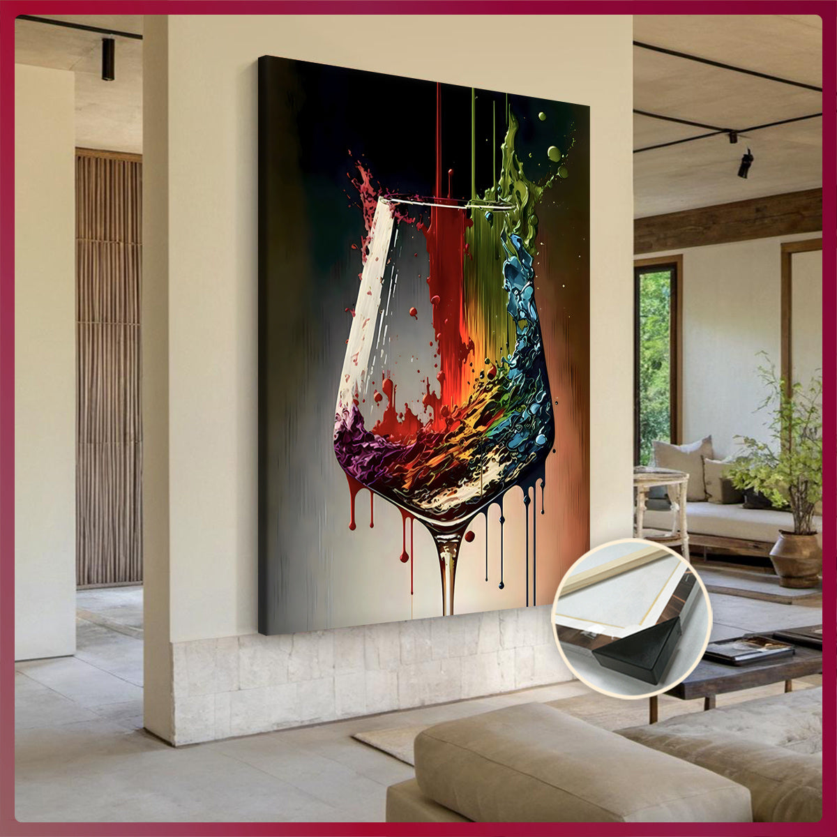 Thick framed edge detail of wine glass canvas