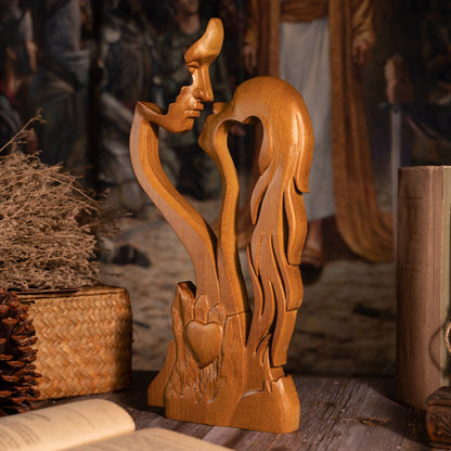 Close-up of handcrafted beech wood sculpture with smooth natural finish