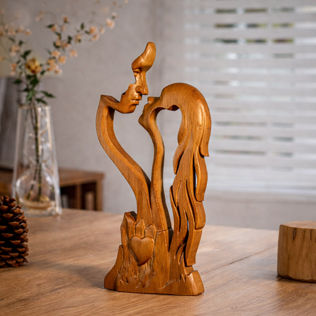 Handmade wooden love statue crafted from European beech wood