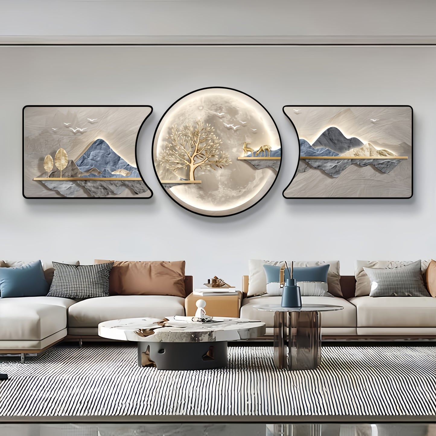 Home office wall featuring modern abstract landscape art set for organized and stylish workspace.