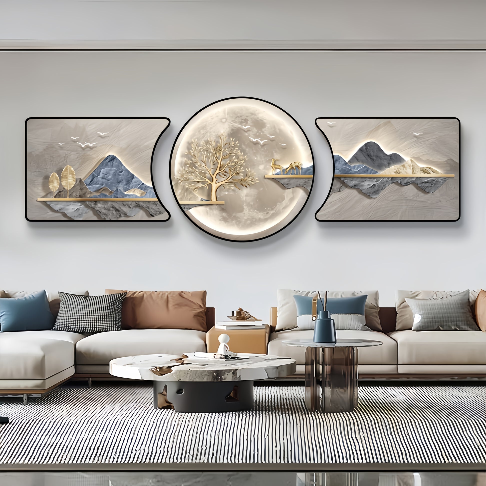 Home office wall featuring modern abstract landscape art set for organized and stylish workspace.