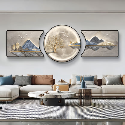 Home office wall featuring modern abstract landscape art set for organized and stylish workspace.