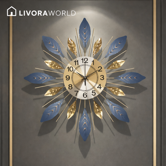 Large modern metal wall clock front view, silent non-ticking leaf-shaped frame