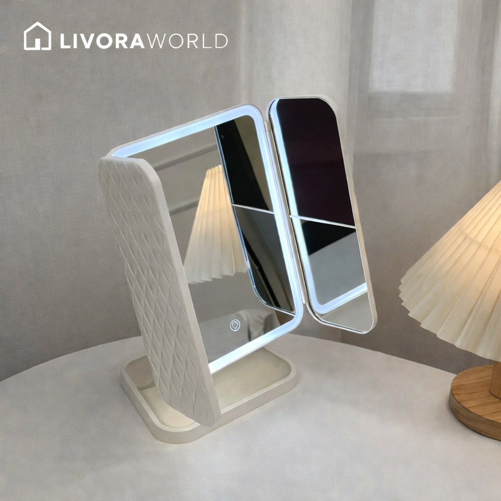 LED makeup mirror with leather veneer finish front view with smart touch lighting