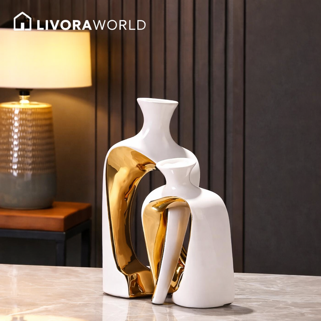Luxury ceramic decorative vase set displayed on a modern living room table
