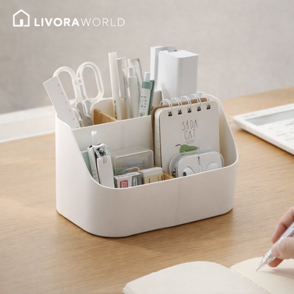 Minimal white desktop storage organizer for tidy desk setup