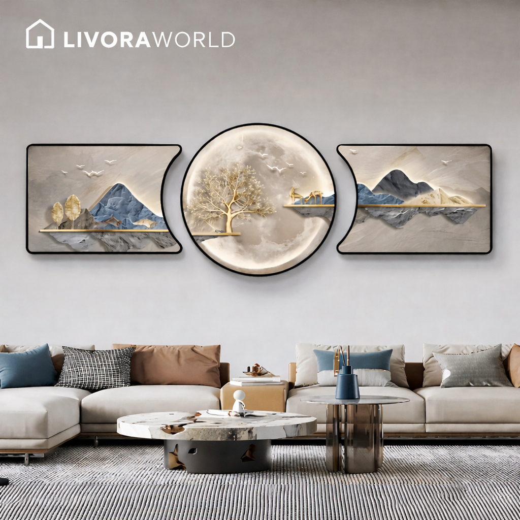 Modern 3-piece abstract landscape wall art displayed above a white sofa in a contemporary living room.