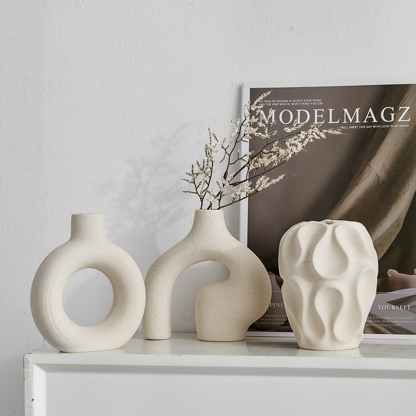 Modern boho striped vase arrangement for shelf decor