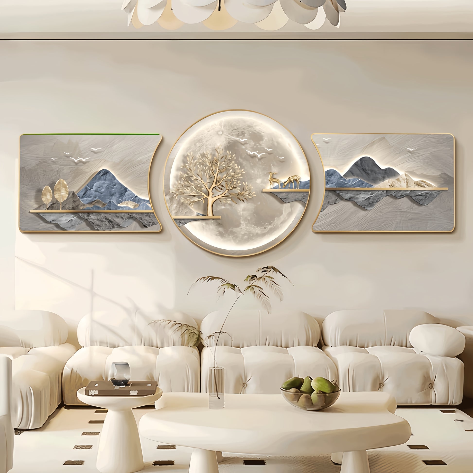 3-piece wall art set decorating a contemporary living room with neutral tones.