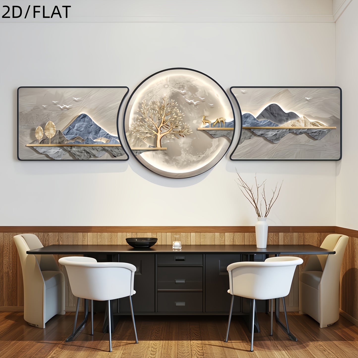 3-piece abstract wall art set hung above a minimalist bedroom bed for calming aesthetic.