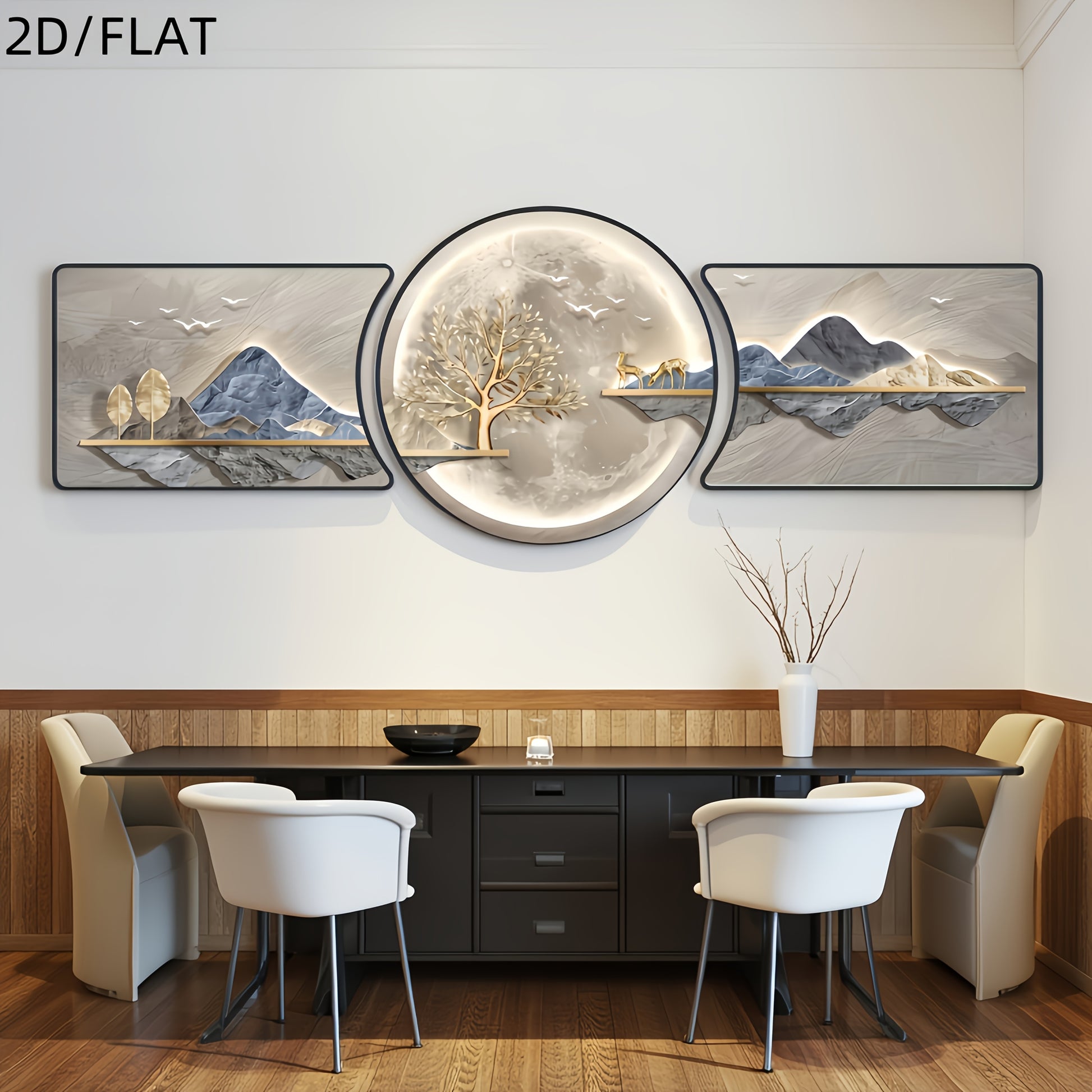 3-piece abstract wall art set hung above a minimalist bedroom bed for calming aesthetic.