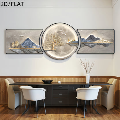 3-piece abstract wall art set hung above a minimalist bedroom bed for calming aesthetic.