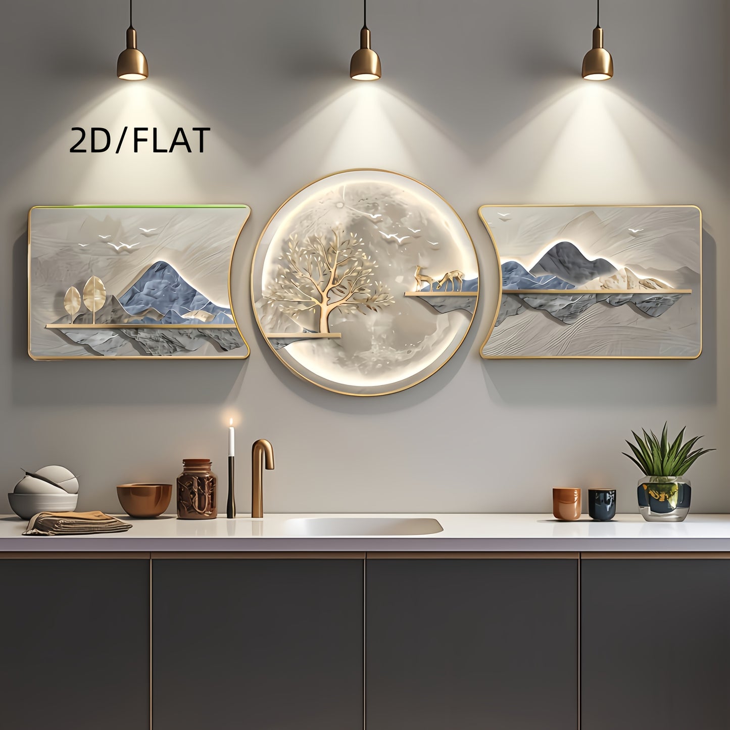 Neutral-toned modern wall art set with soft colors and subtle gold highlights in living room.