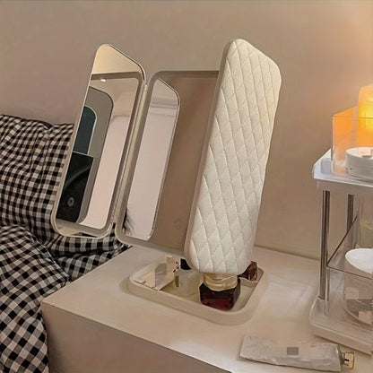 Pink LED makeup mirror with leather style exterior and bright vanity lighting