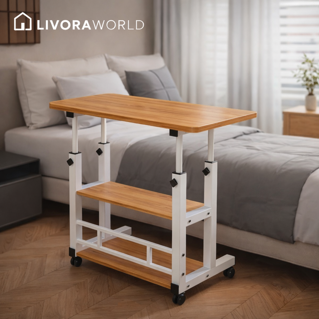 Portable adjustable laptop desk with wheels used as bedside workstation