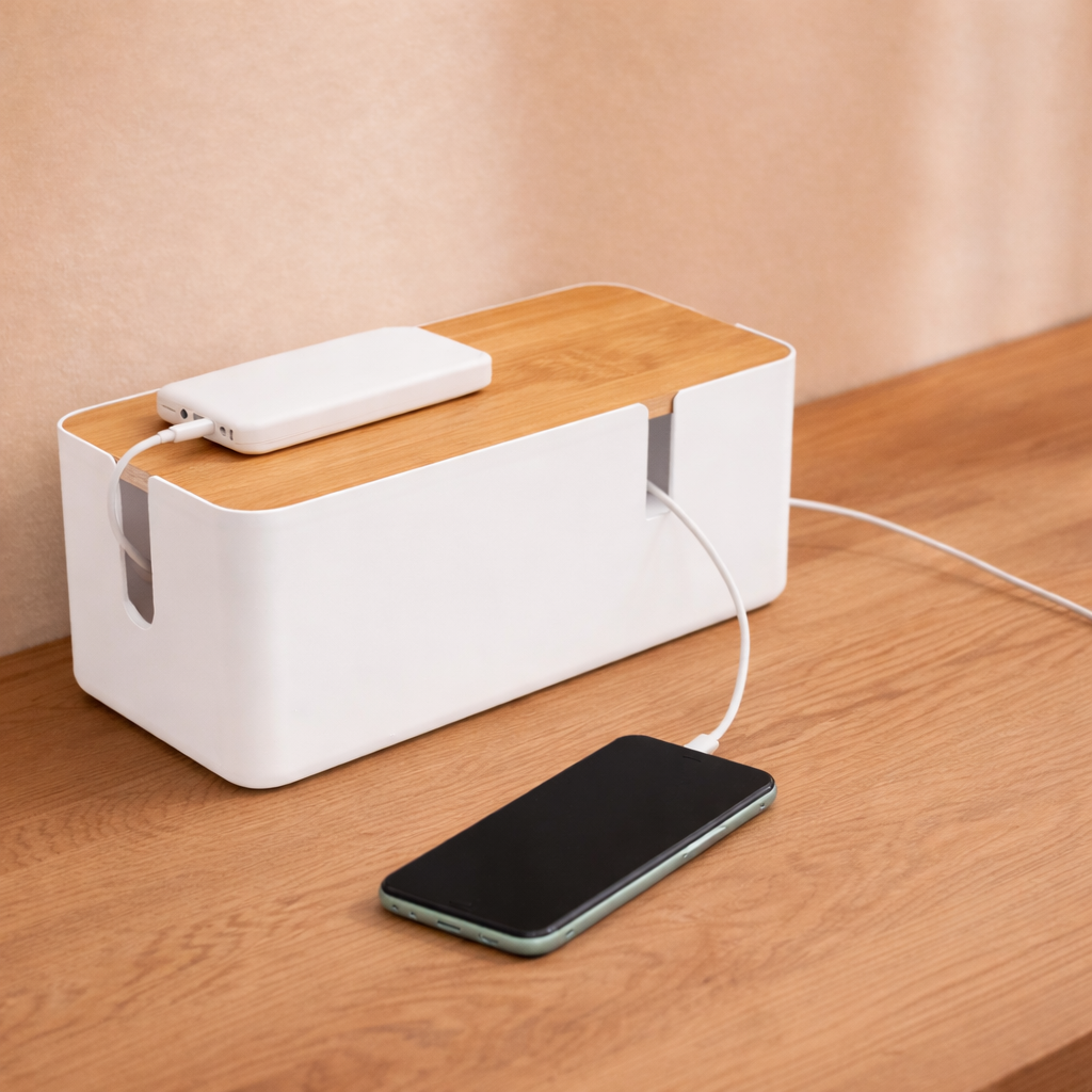 Easy access to cords with strategic openings on the organizer box