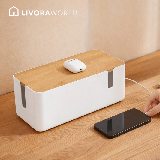 Front view of Power Strip Organizer Box with cable management for office desk