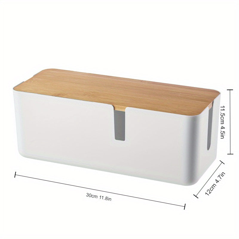 Power Strip Organizer Box in use on a home office desk with cables neatly organized