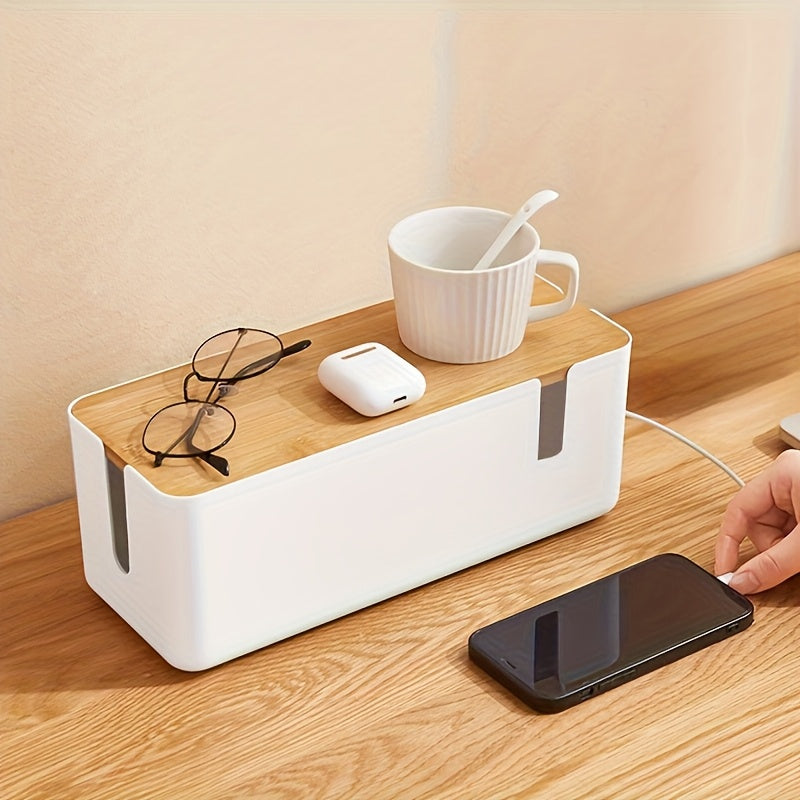 Side view of compact and space-saving power strip storage box