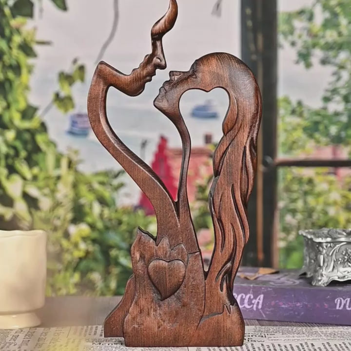 Romantic wooden couple sculpture used as minimalist home decor