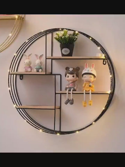 heavy-duty four-tier round wall-mounted shelf with wood and iron construction