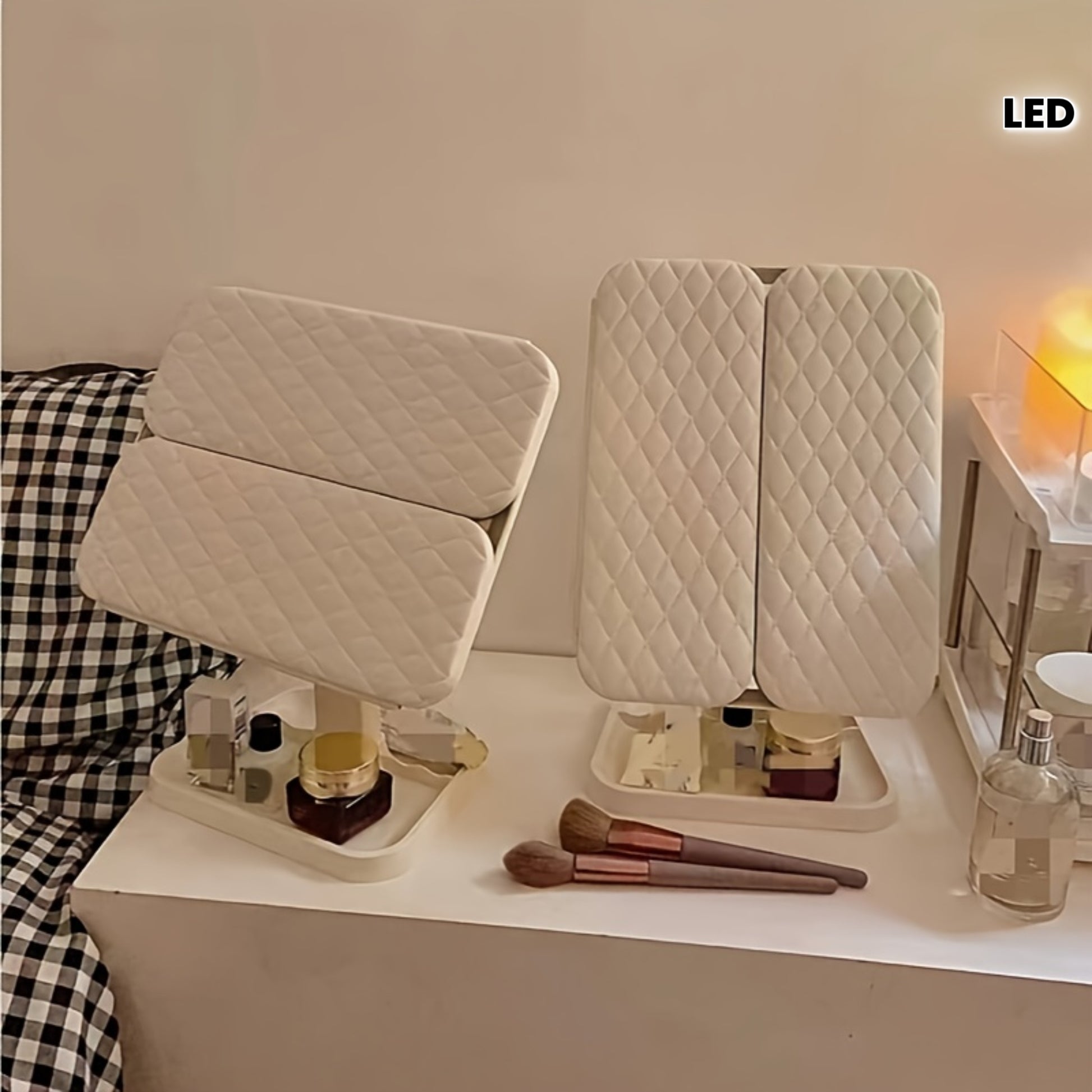 Close up of smart touch control on rechargeable LED makeup mirror