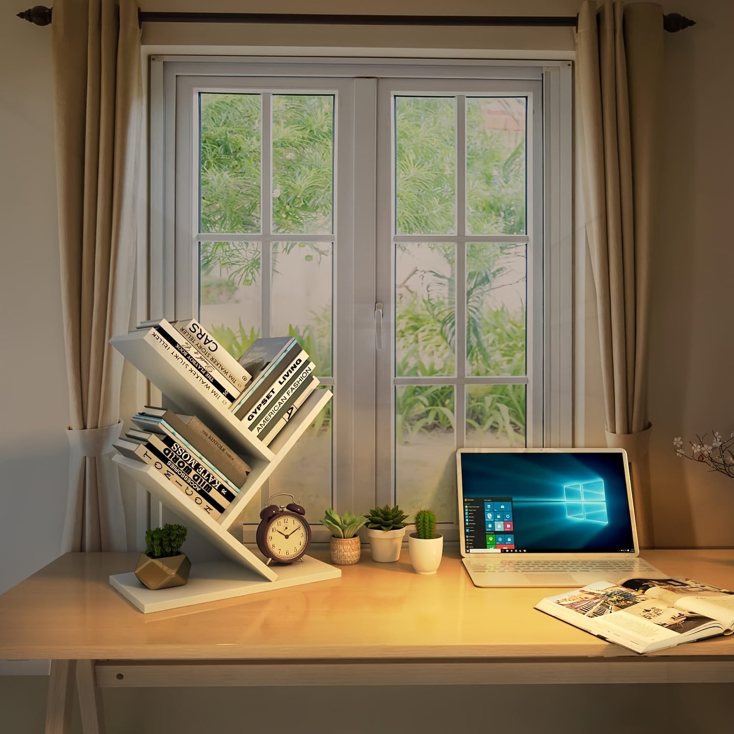 Tree-shaped wooden bookshelf in a minimalist bedroom setup for storage and décor