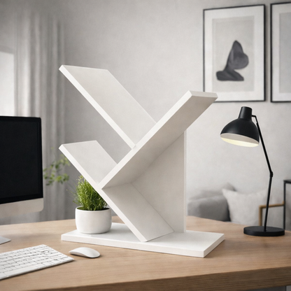 Tree-shaped bookshelf displaying books, plants, and decorative items