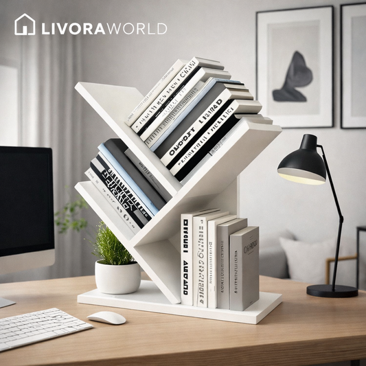 Front view of tree-shaped wooden bookshelf, perfect for home storage and décor