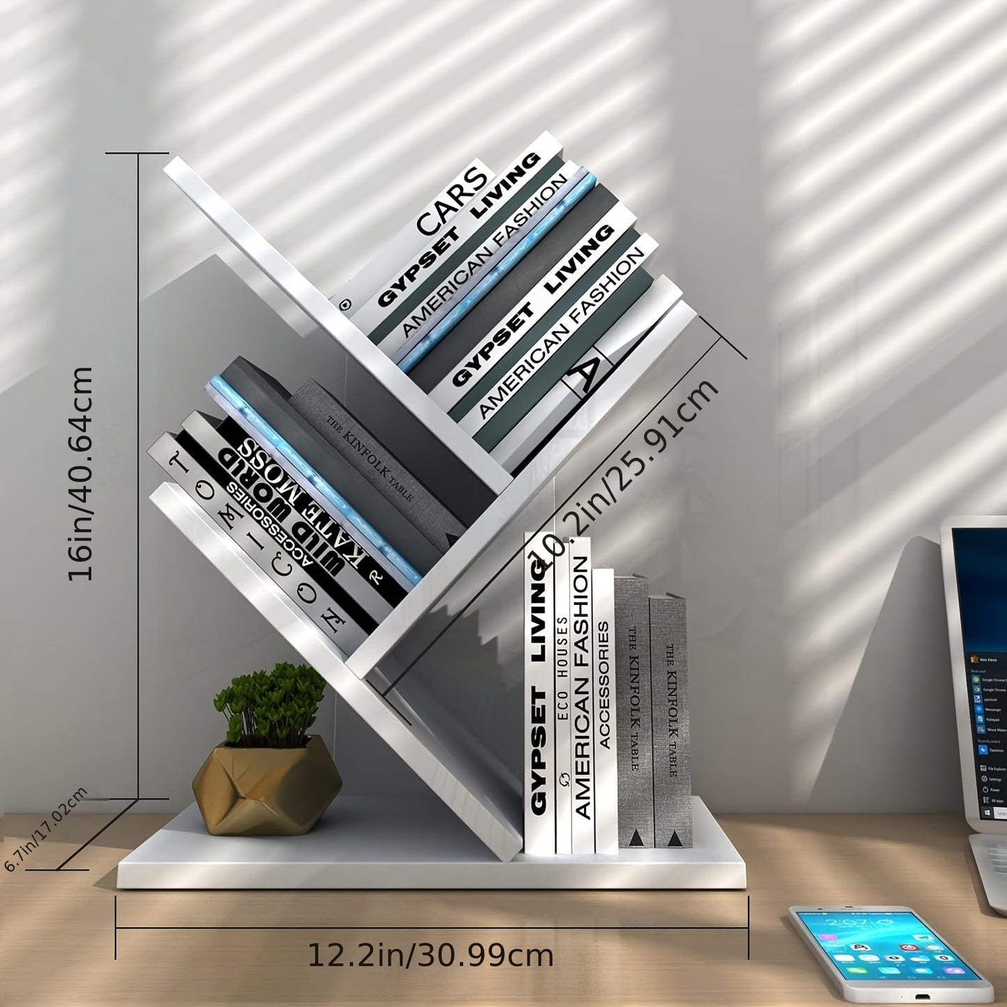 Side view of tree-shaped bookshelf showing vertical storage and sturdy wooden construction