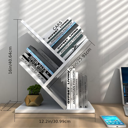Side view of tree-shaped bookshelf showing vertical storage and sturdy wooden construction