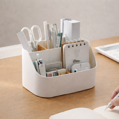 White desktop organizer used on vanity table for daily essentials