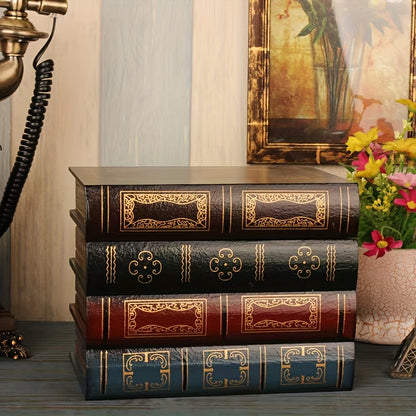 Close-up of vintage wooden fake book square storage box, highlighting flip-top lid and wood multi-decorative cover