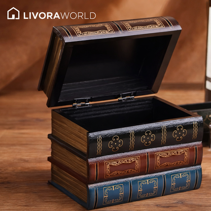 Vintage wooden fake book square storage box with flip-top lid, front view, perfect for office desk decor
