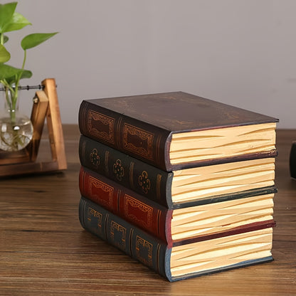 Vintage wooden fake book square storage box placed on office desk, organizing stationery and gadgets