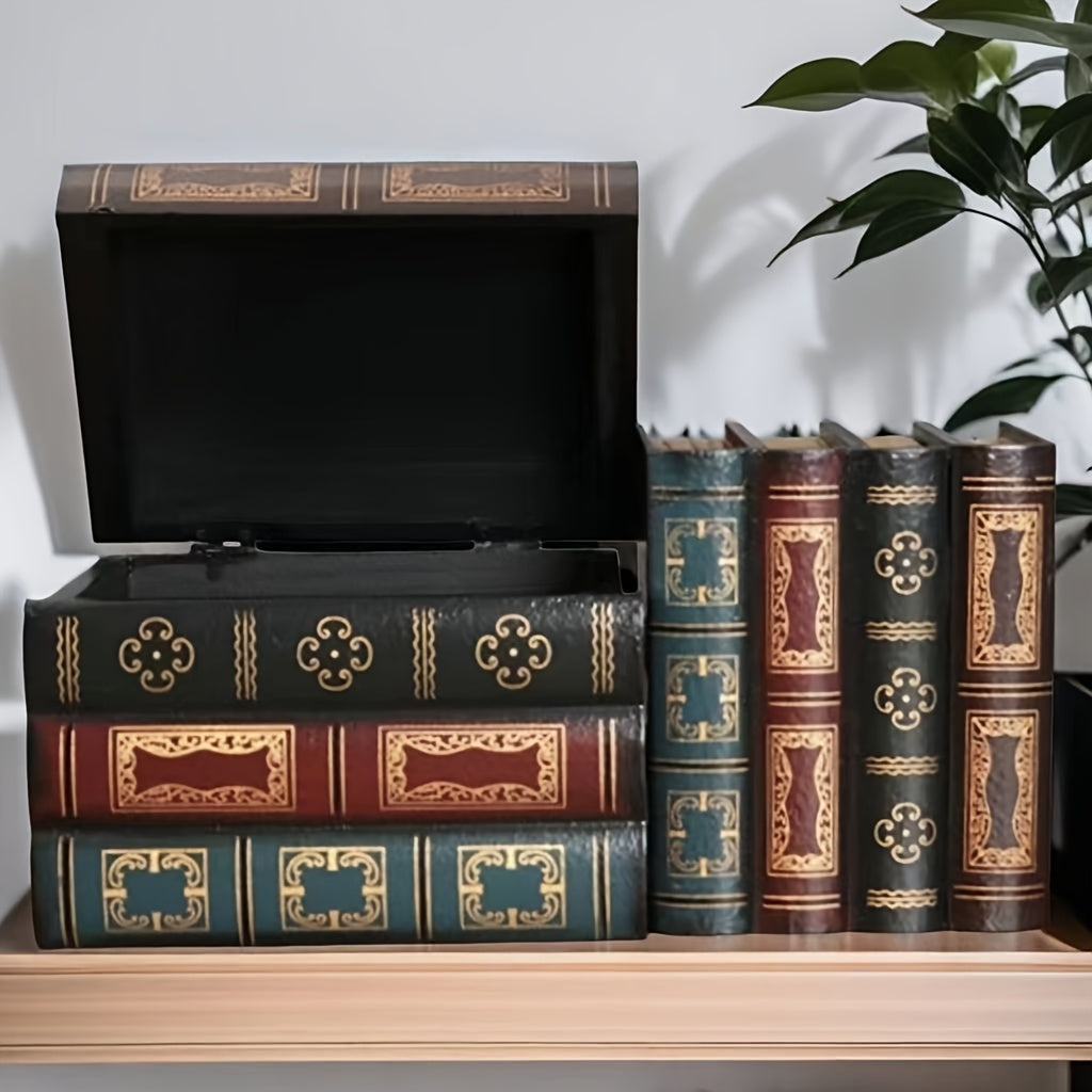 Open flip-top vintage wooden fake book square storage box, showing interior storage for stationery and small items