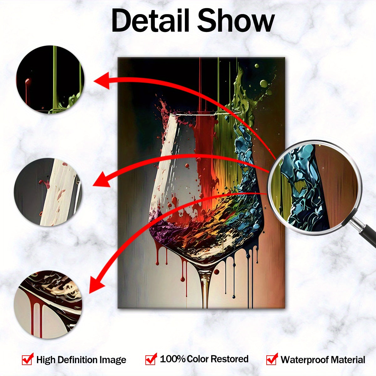 Wine glass splash canvas displayed in modern living room