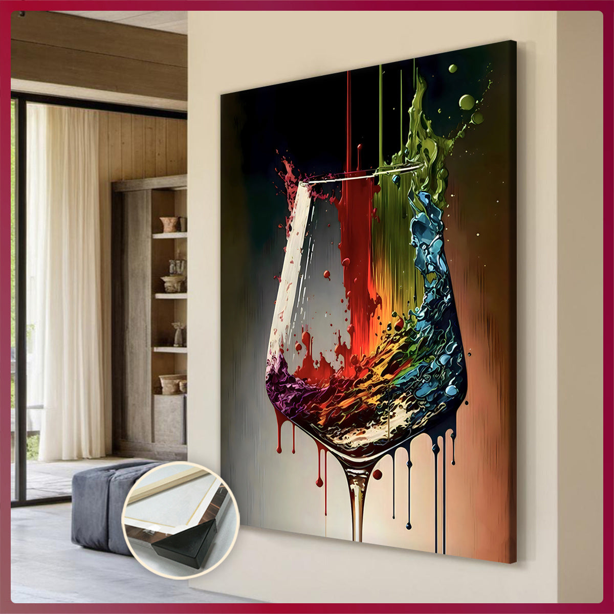 Wine glass splash artwork displayed in hallway interior