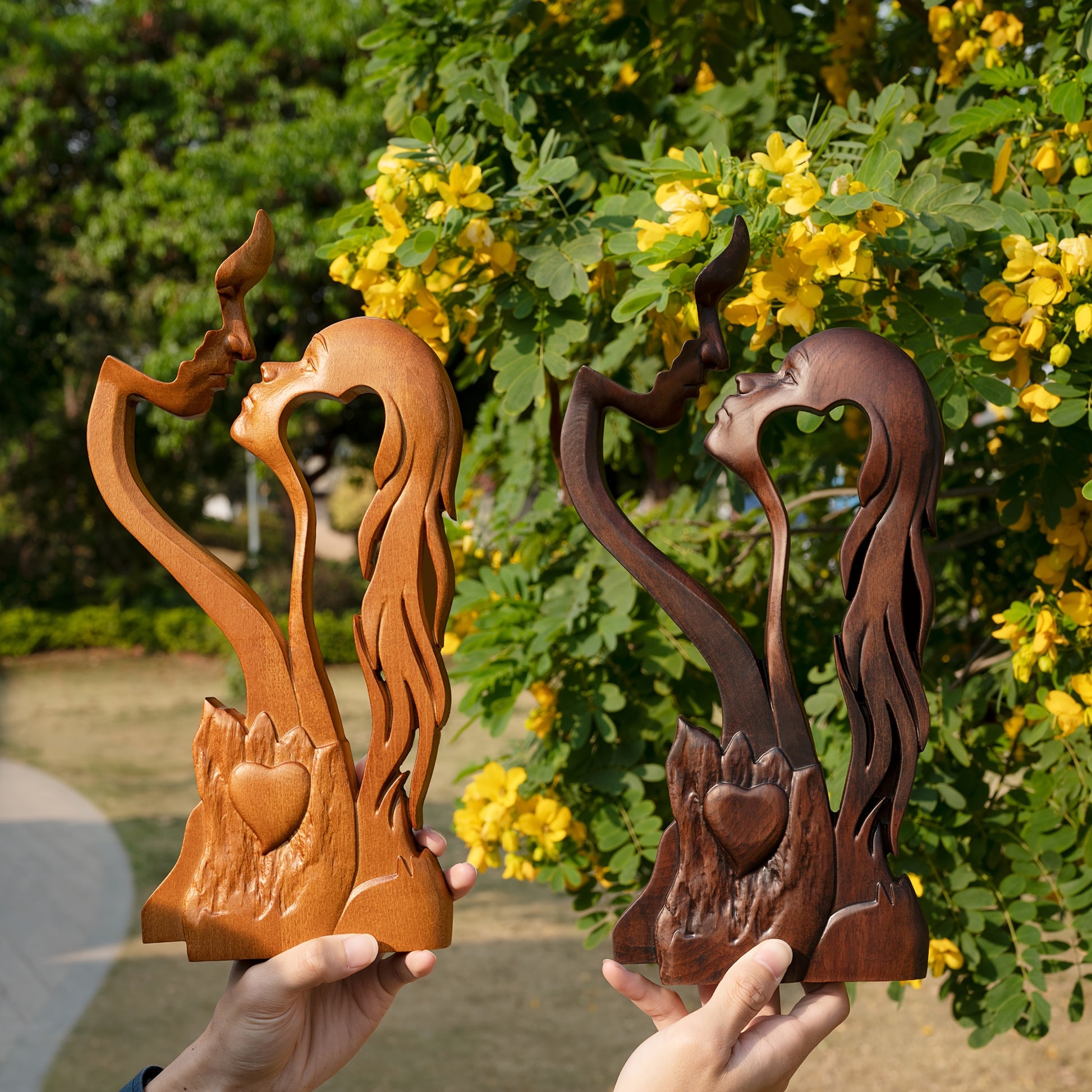 Wooden couple sculpture used as minimalist home decor