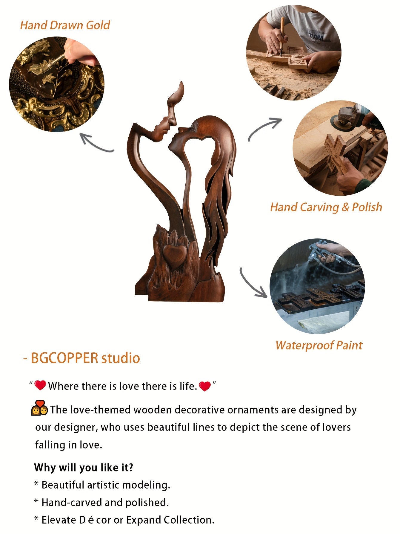 Wooden sculpture of eternal love styled on a bedroom shelf